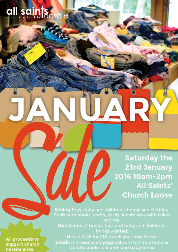 event flyer design for All Saints' Loose showing a table with folded clothes promoting a used clothes sale in support of charity