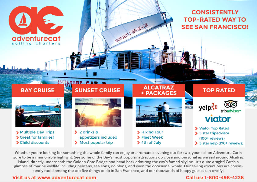 ad design for Adventure Cat Sailing Charters featuring their top packages and reviews