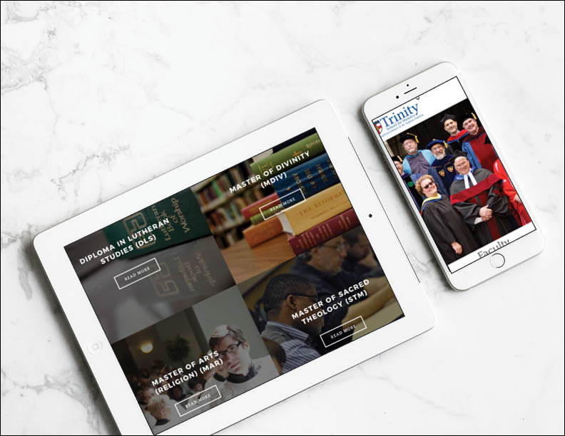 ipad and iphone on a white marble background showing the mobile website for Trinity School for Ministry in Ambridge, Pennsylvania
