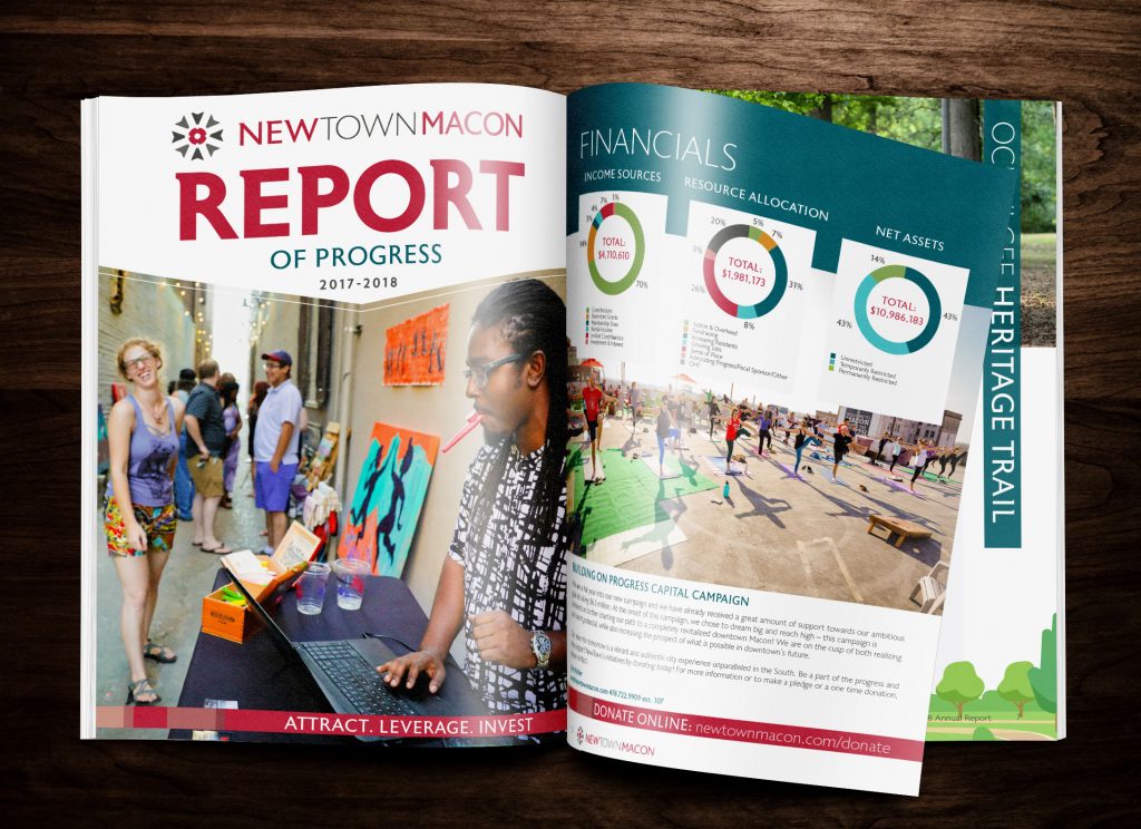 multi-page annual report design for the non-profit organization NewTown Macon in Macon, Georgia
