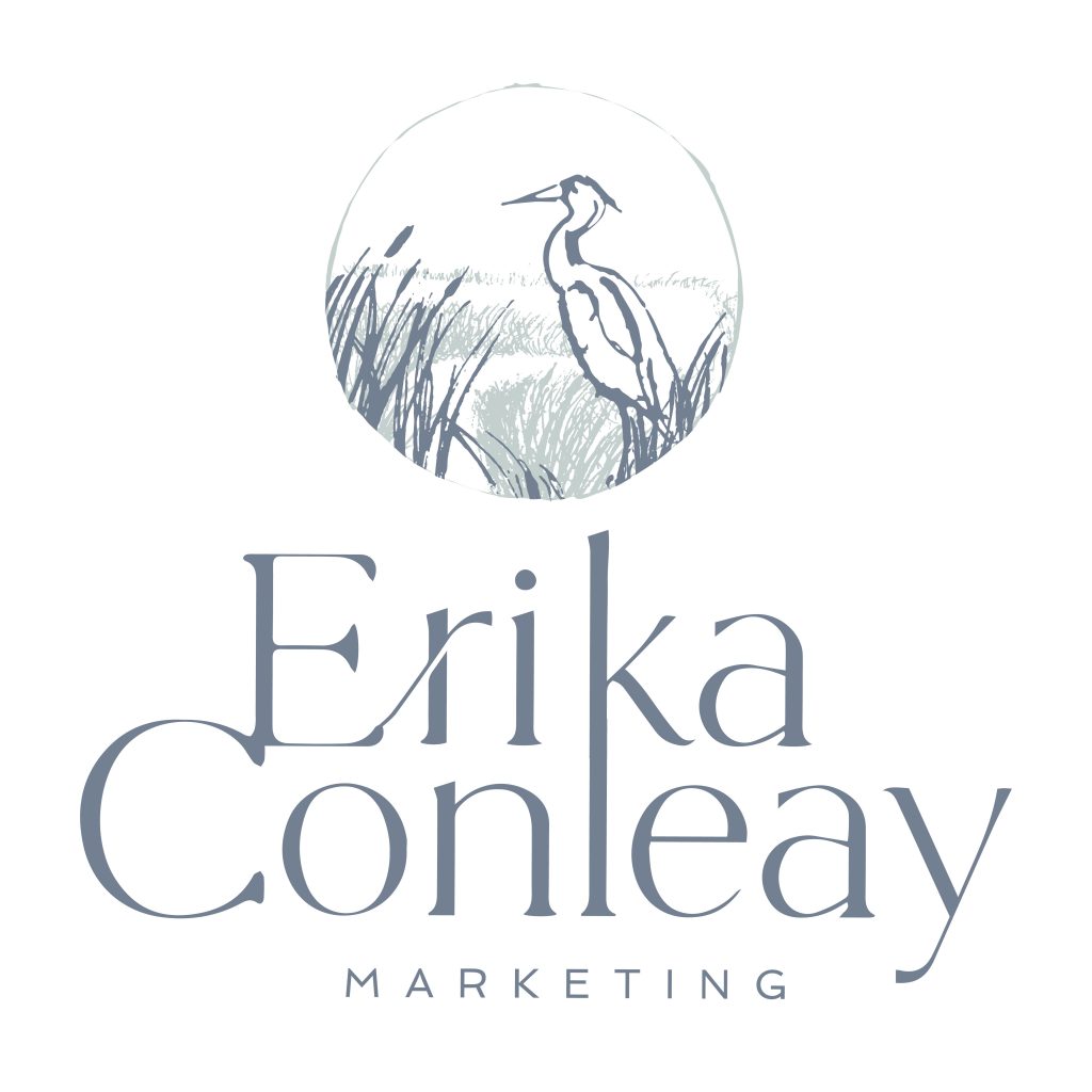 final logo design for Erika Conleay Marketing, featuring coastal marshes and a blue heron