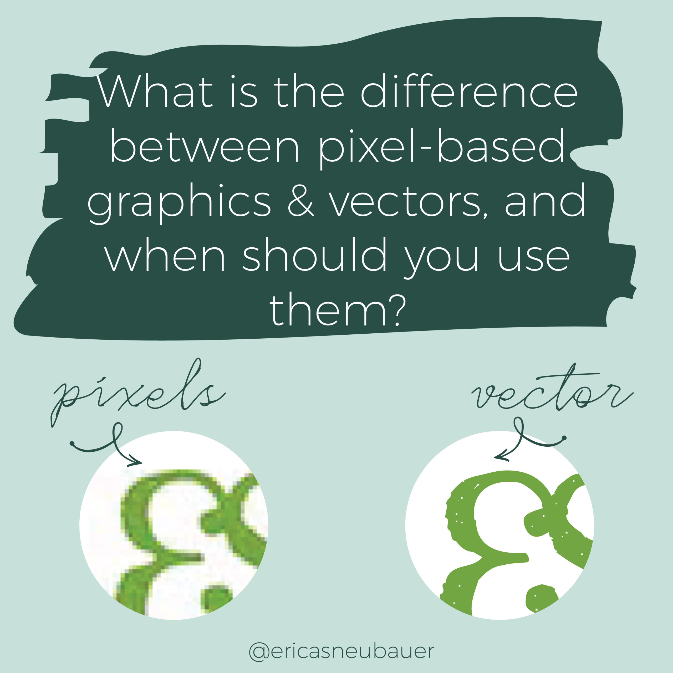 graphic showing the difference between pixel based and vector graphics, using the Erica Neubauer graphic design logo as an example