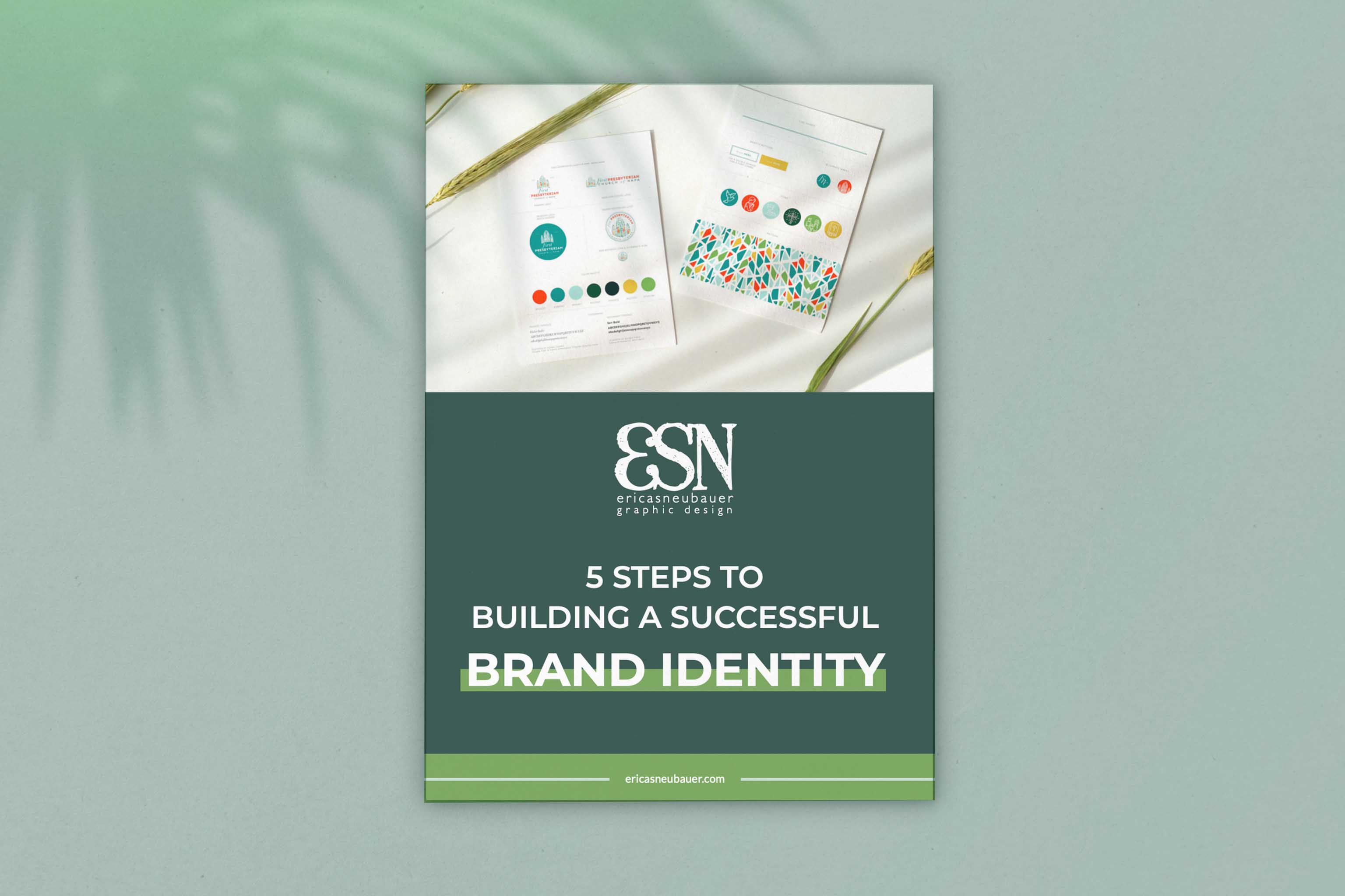 a multi-page document titled "5 steps to building a successful brand identity" and featuring a logo design shows against a isolated aqua background with the shadow of a palm tree overlaid