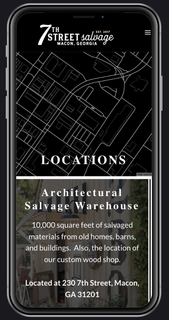 screenshot of locations page from 7th Street Salvage website, 7thstreetsalvage.com.